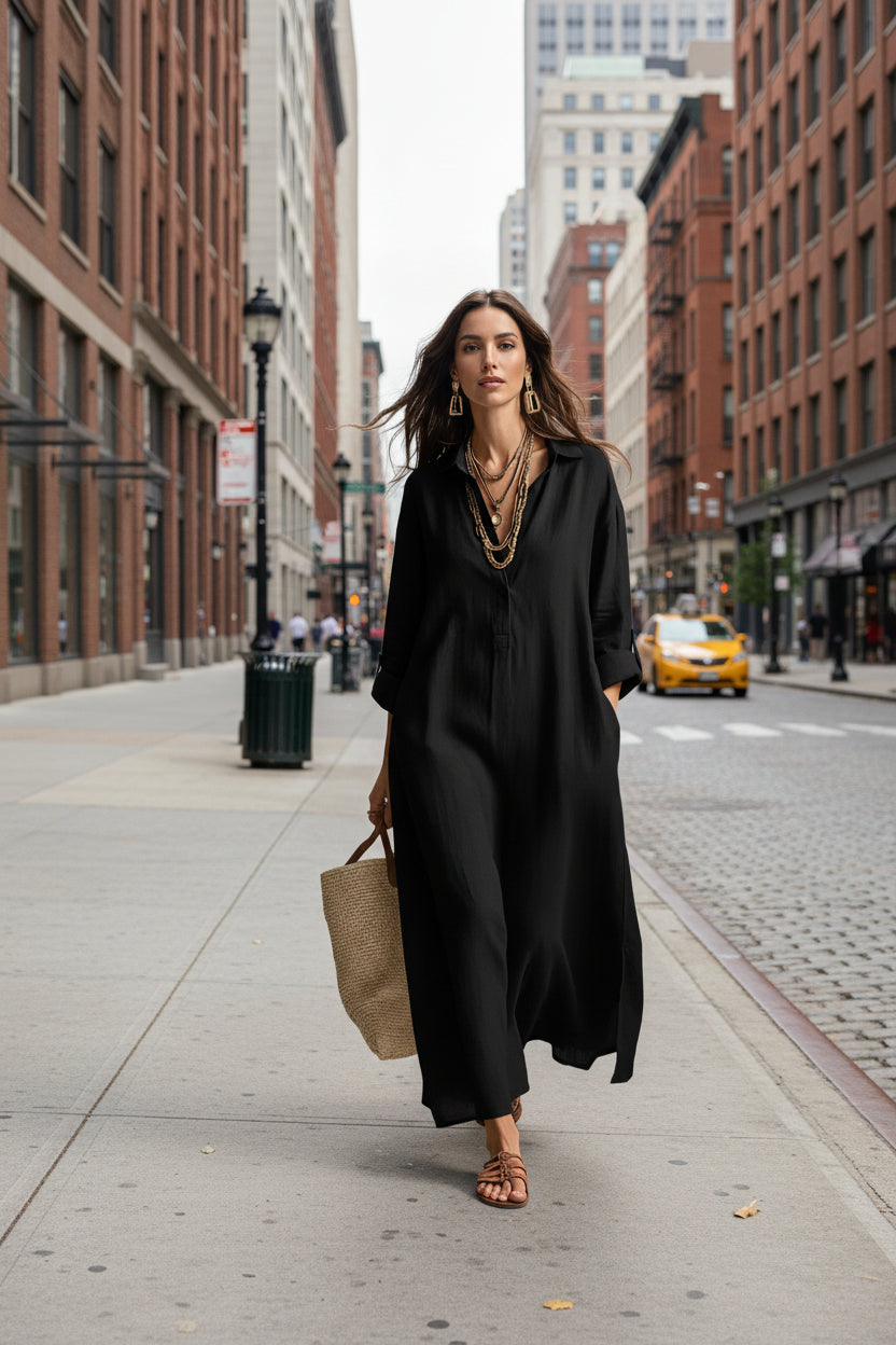 Women's Long-Sleeve Linen Blend Shirt Dress Casual Midi Dress - Image 3