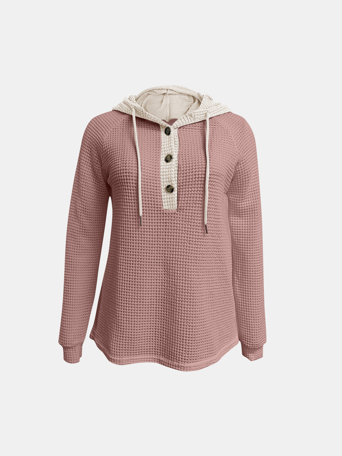 Women's Waffle-Knit Contrast Long Sleeve Hoodie with Buttons - Image 8