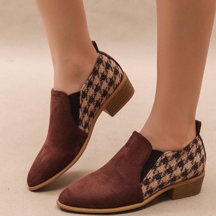 Women's Houndstooth Slip-On Mid Block Heels Round Toe Dress Shoes - Image 3