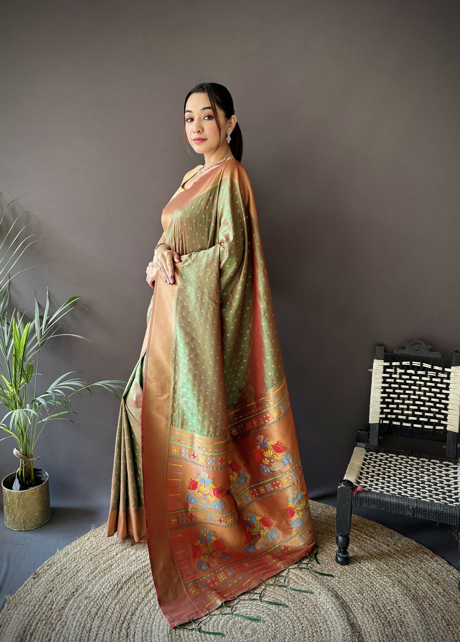 Olive Green Jacquard Butti Soft Lichi Silk Paithani Saree