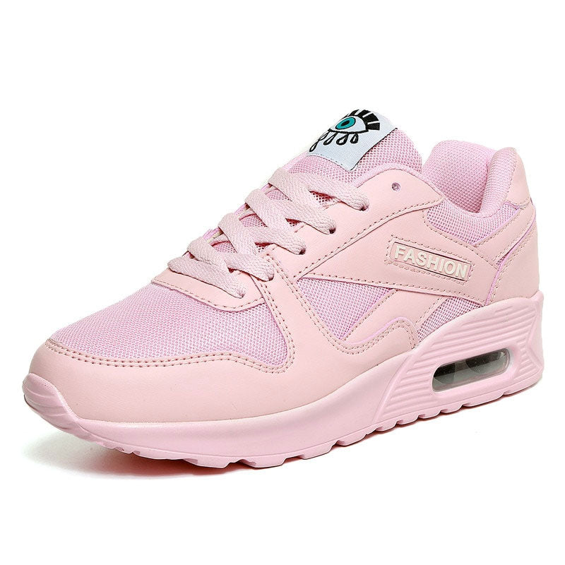 Pair of women's breathable mesh athletic walking shoes in pink and fuchsia with cushioned soles.