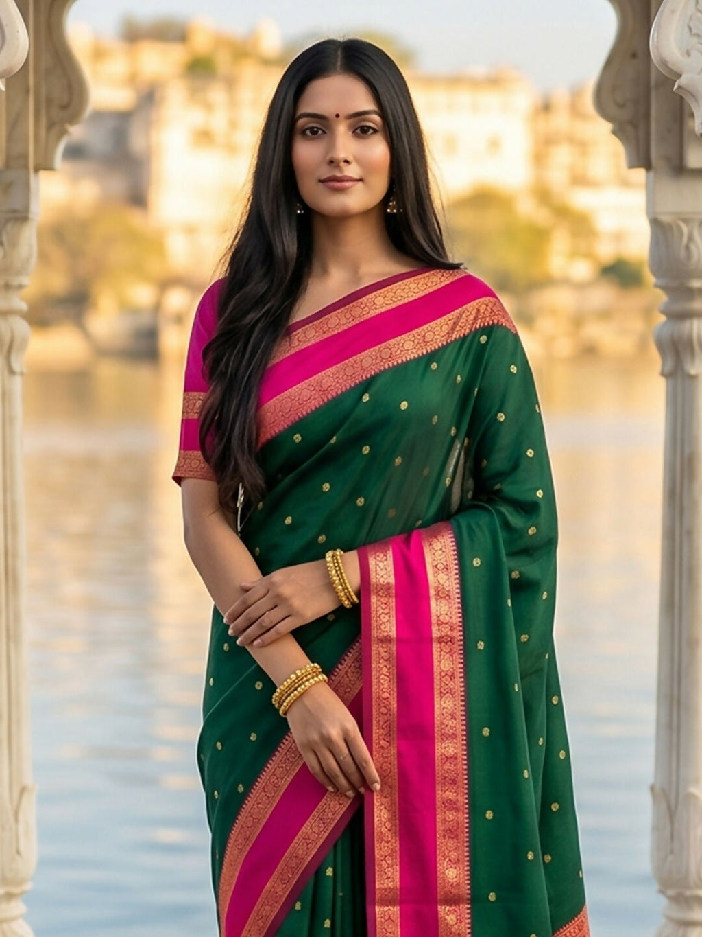 Dark Green Silk Blend Saree with Matching Blouse Piece