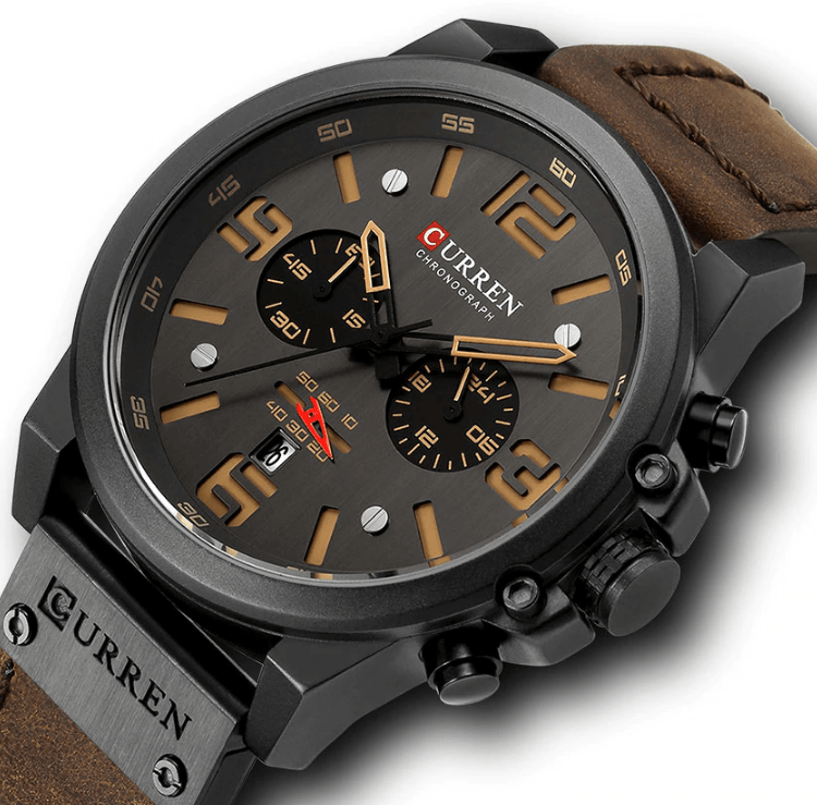 Retro Waterproof Chronograph Watch with Leather Strap & Steel Case