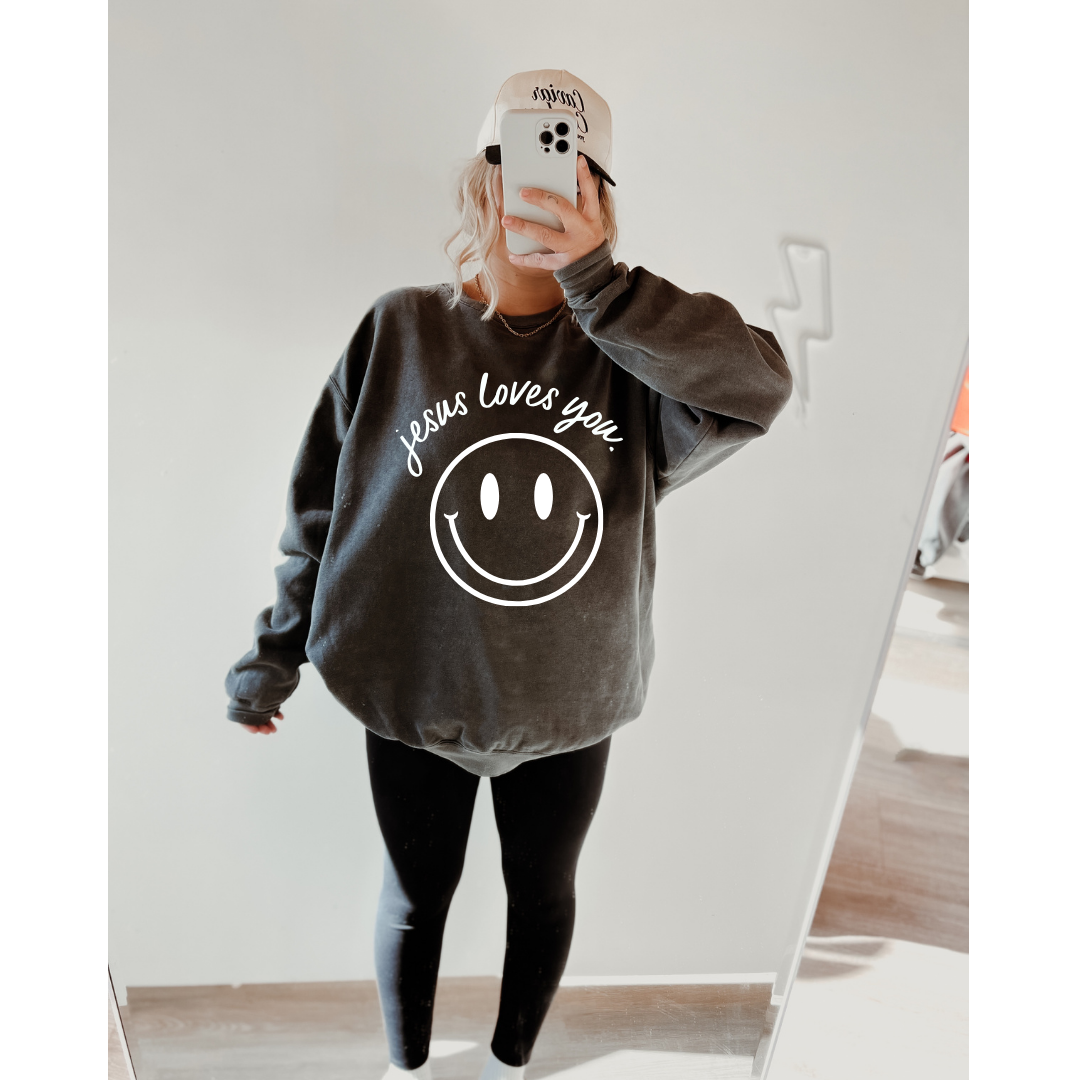 Jesus Loves You Smiley Pullover Oversized Graphic Sweatshirt