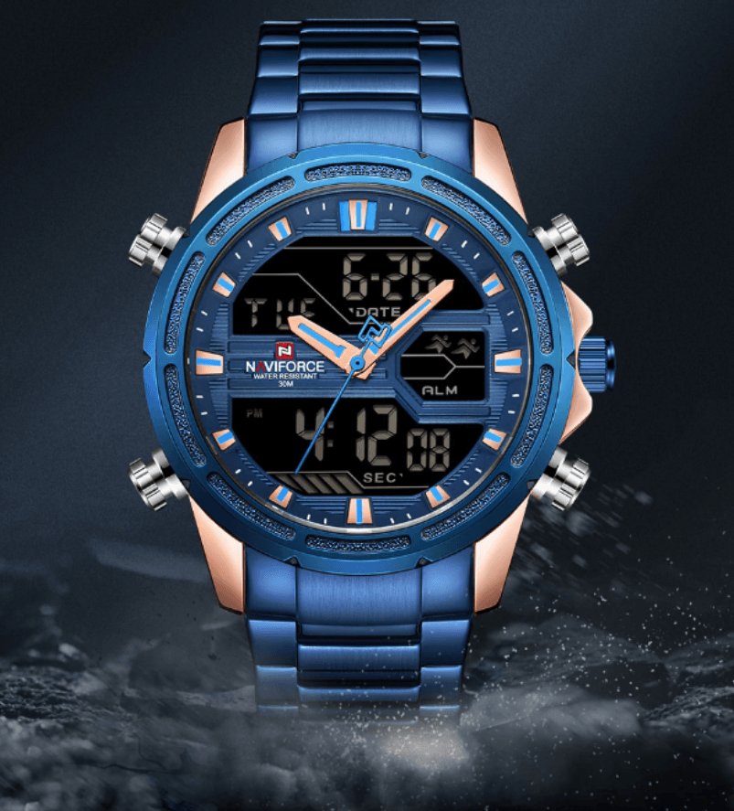Men's analog-digital multifunction watch with stainless steel casing and backlight display