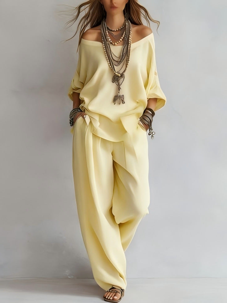 Off-Shoulder Cotton-Linen Wide-Leg Pants Set - Breathable Two-Piece
