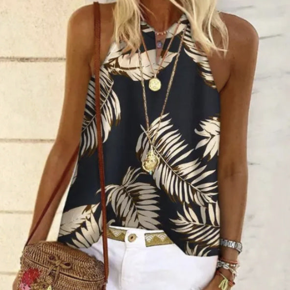 Women Tropical Print Halter Neck Sleeveless Summer Vest Top - Image 4