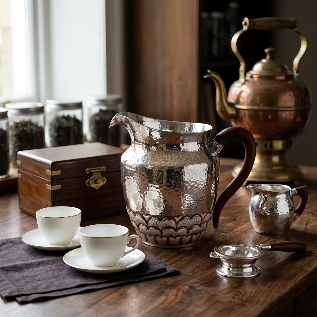 925 Sterling Silver Hand-Hammered Silver Pitcher with Scalloped Base and Curved Wooden Handle - Handicraft