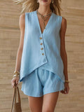 Womens Cotton-Linen Sleeveless V-Neck Top and Shorts Set - Image 8