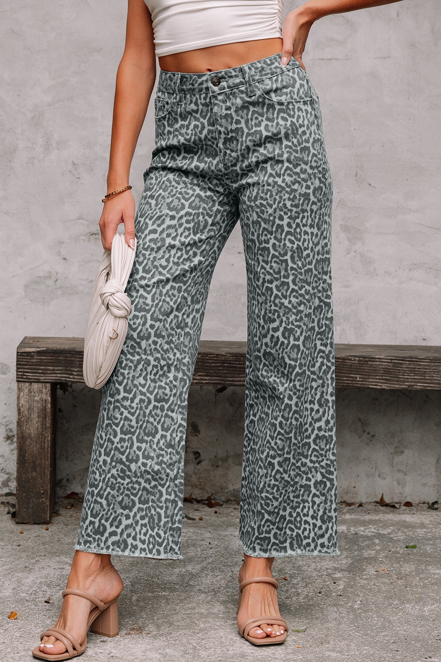 Gray Leopard Frayed Edge Wide Leg High Waist Jeans