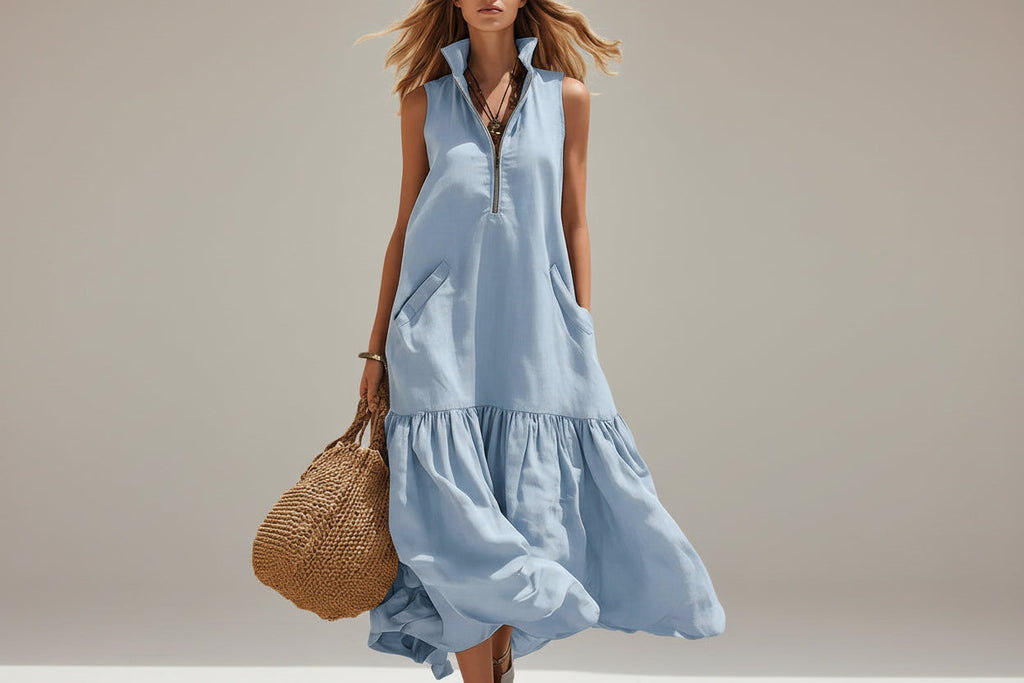 Women's Sleeveless Midi Resort Dress with Zipper Detail - Image 3
