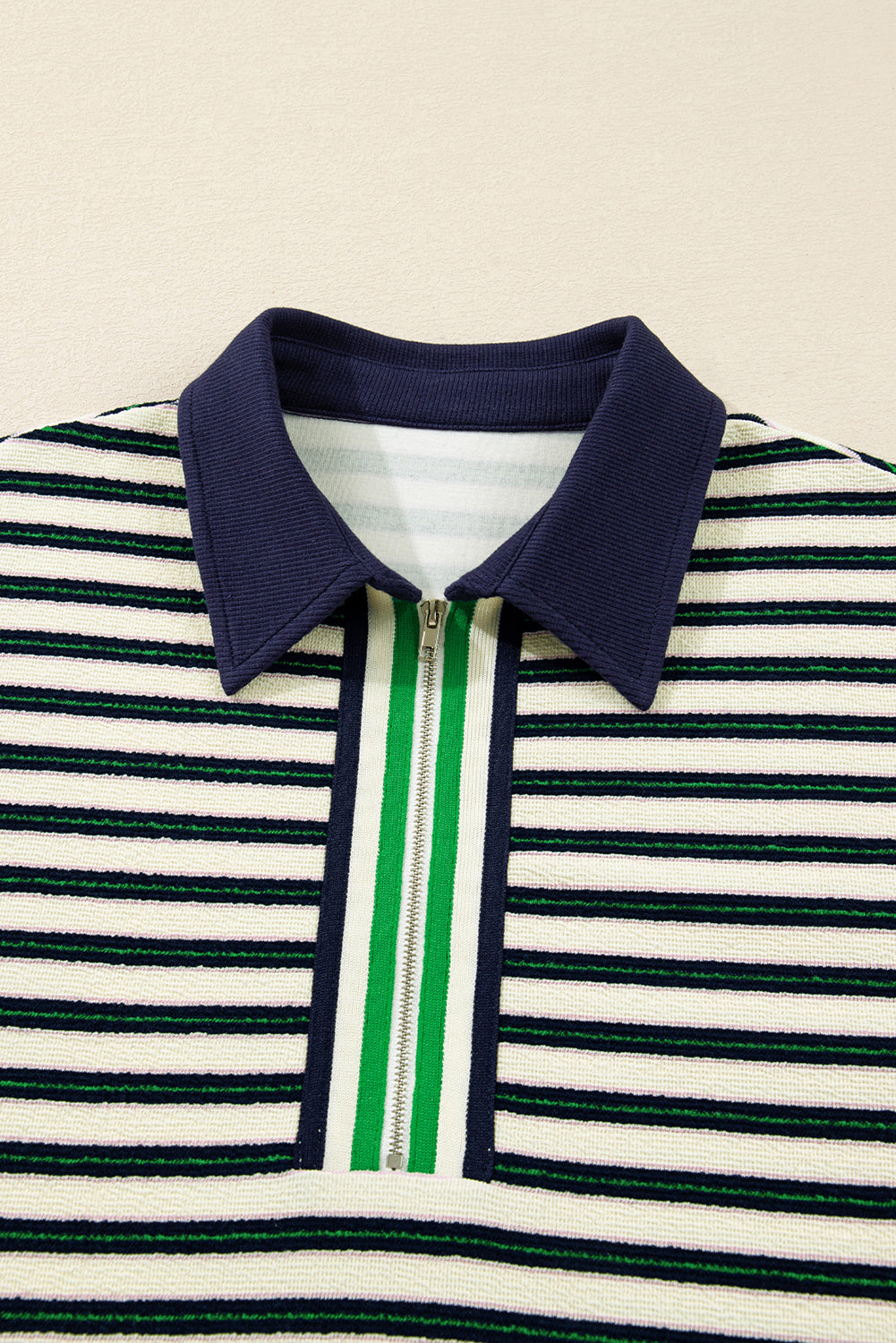 Women's Striped Zip-Up Collared Long Sleeve Top with Contrast Trim