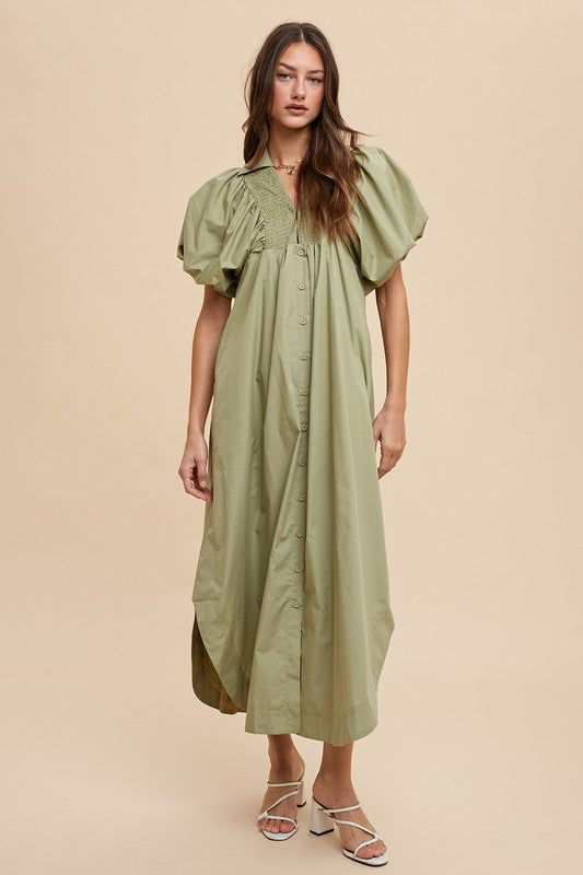Trendy Smocked Puff Sleeve Midi Dress for Women