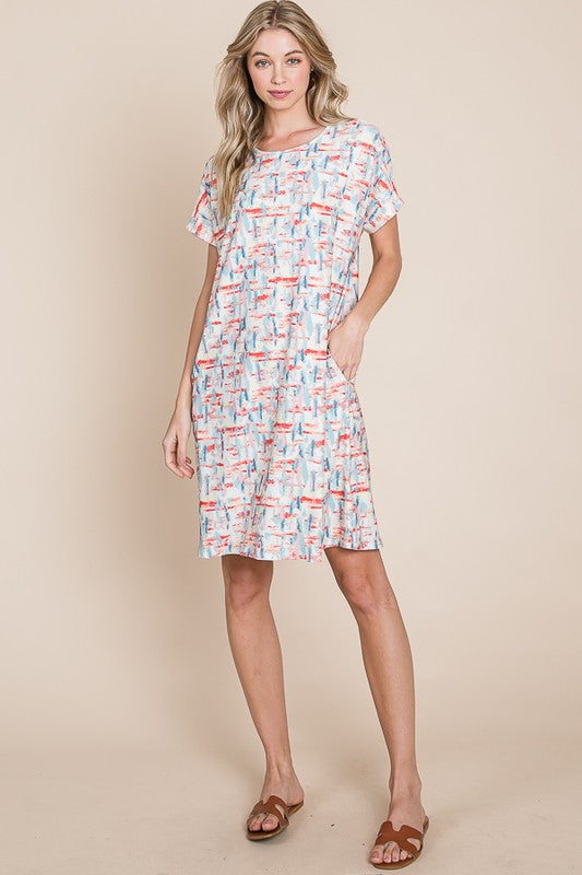 Printed Round Neck Short Sleeve Tee Dress with Functional Pockets