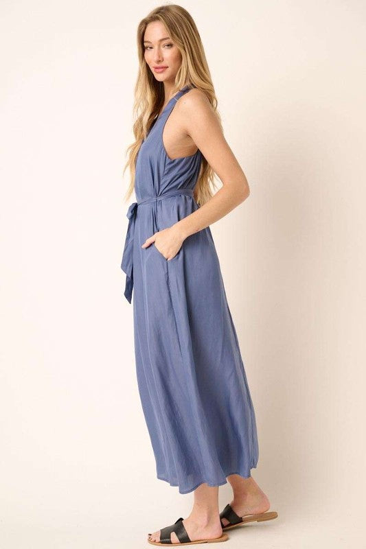 Cross Back V-Neck Belted Tank Maxi Dress for Effortless Elegance