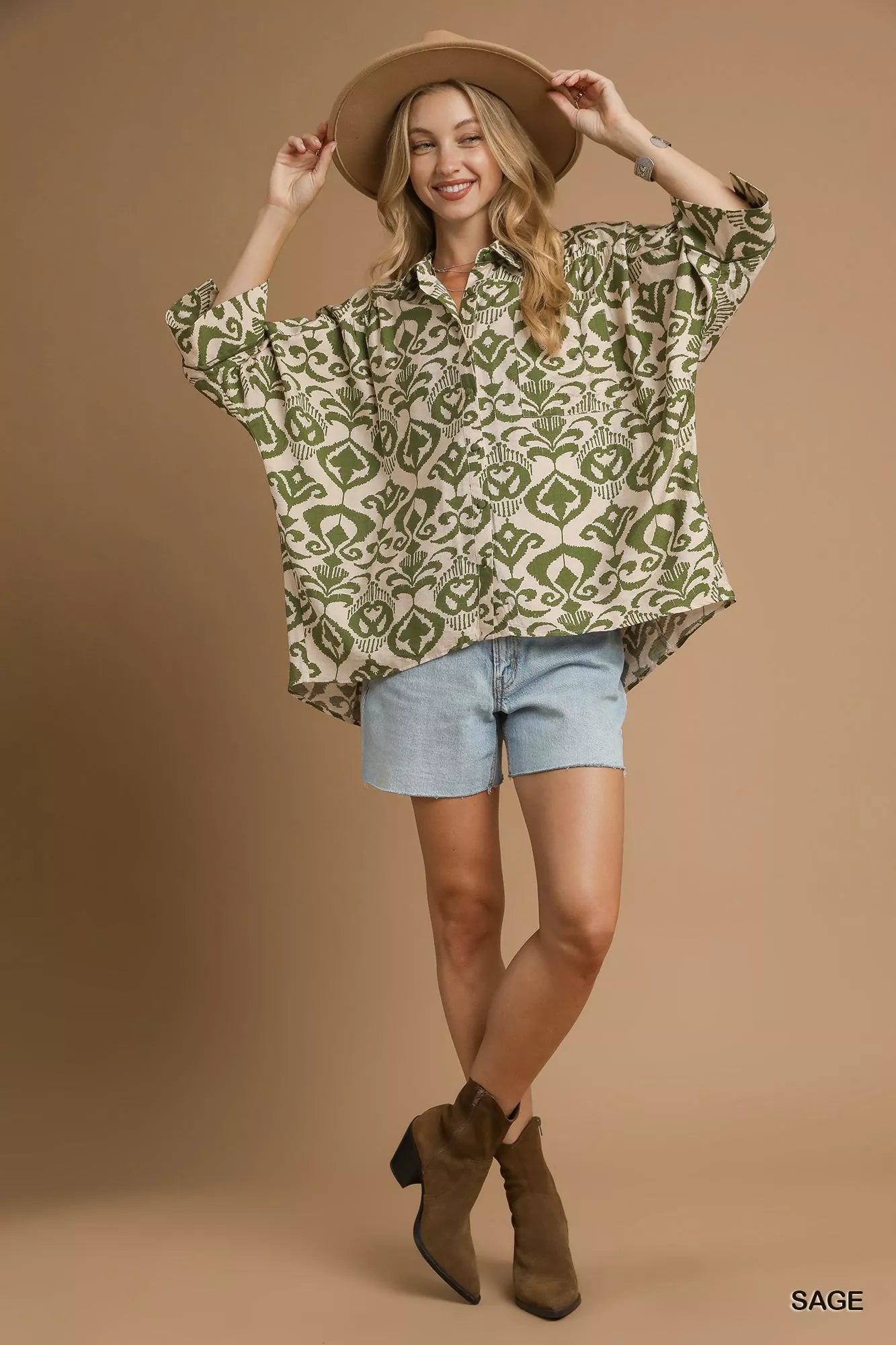 Sage Oversized Abstract Print Button-Up Shirt