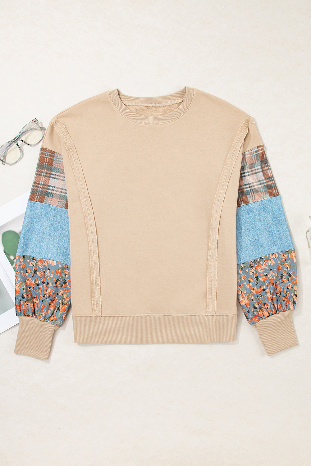 Plaid Patchwork Long Sleeve Raw Seam Sweatshirt