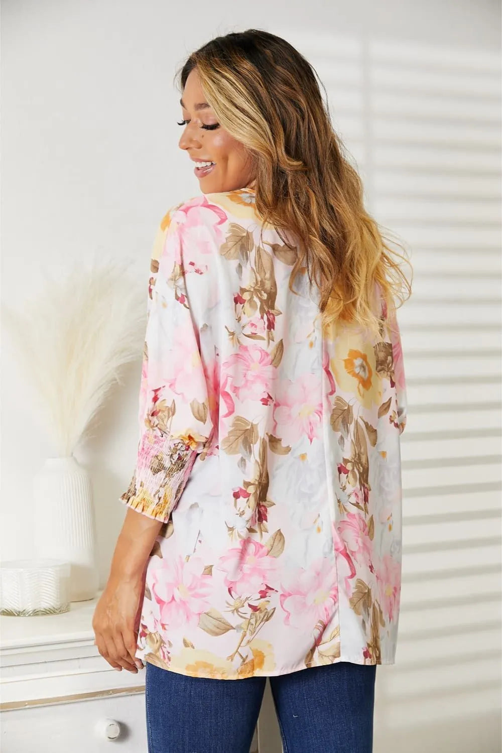 Floral Round Neck Three-Quarter Sleeve Top | Polyester Blouse