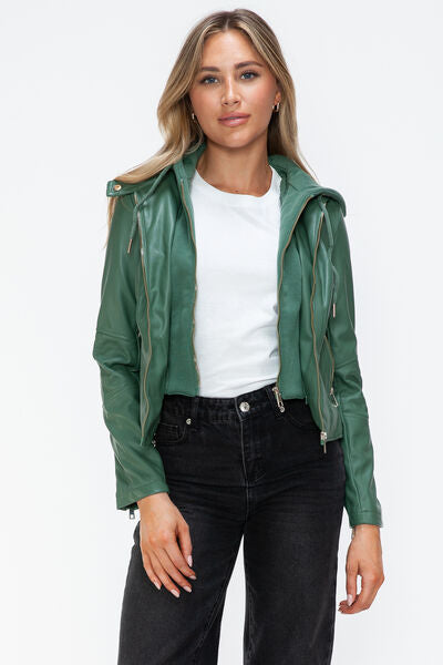 Women's Faux Leather Zip-Up Hooded Jacket Casual Urban Streetwear