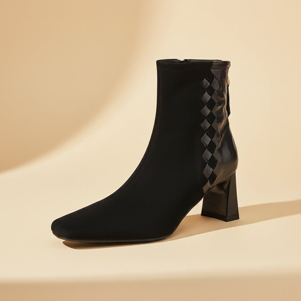Women's Brown Sheepskin Square Toe Chunky Heel Ankle Boots - Image 5