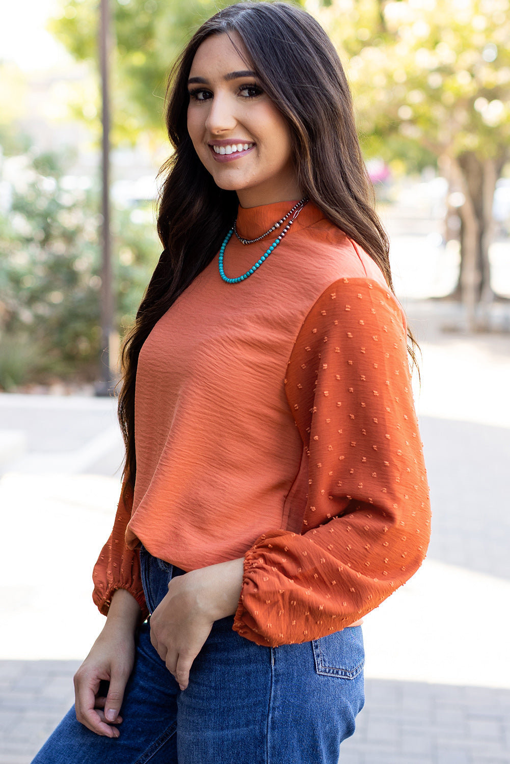 Solid Swiss Dot Balloon Sleeve Blouse