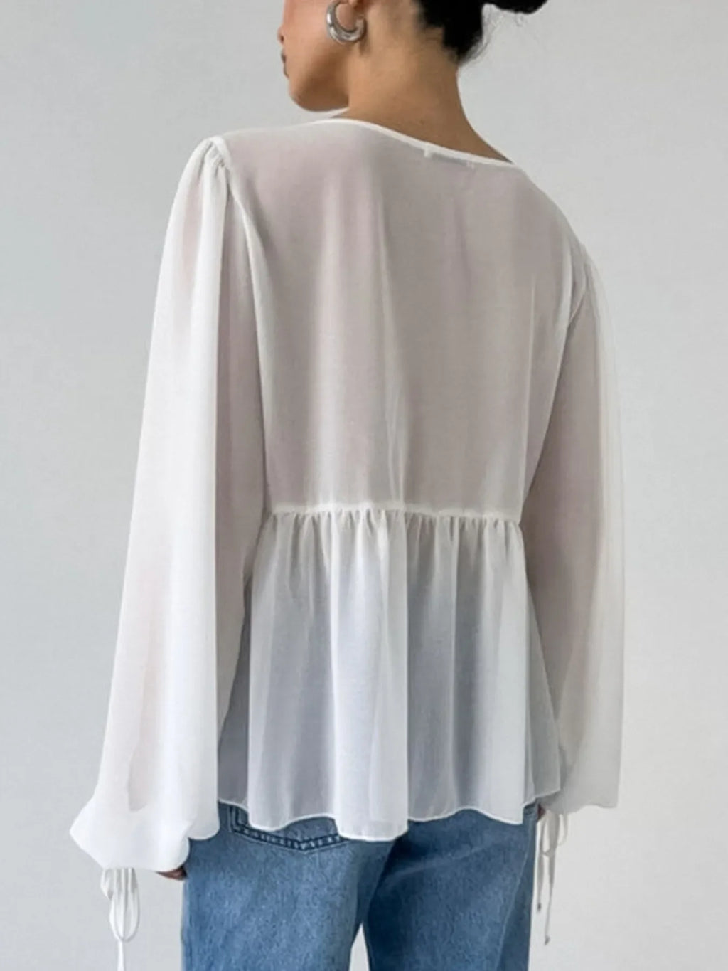 White Ruffled Tie Front Long Sleeve Sheer Blouse - Image 8