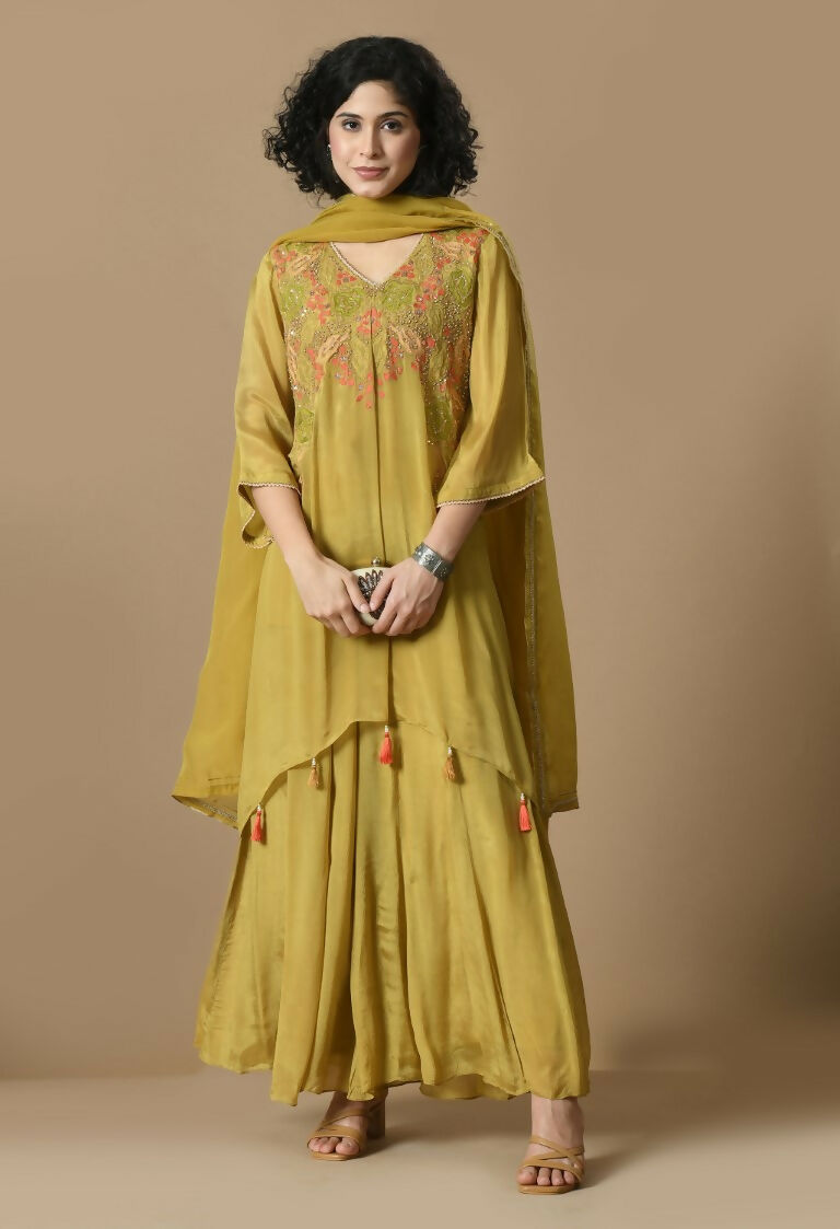 Mehendi Chinnon Kurta Set with Organza Dupatta