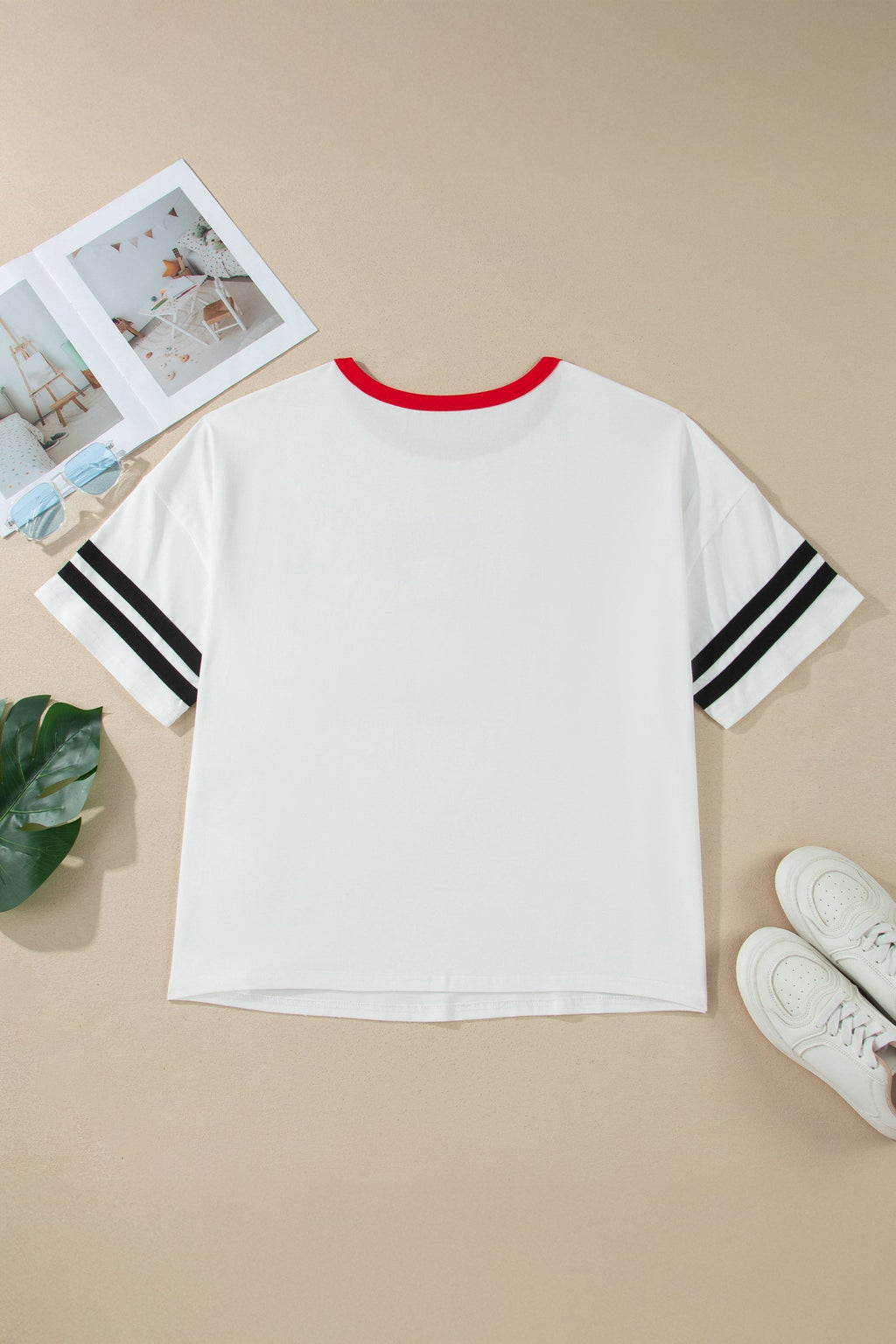 USA Varsity Stripe Trim Short Sleeve Cotton Tee - White Red Black