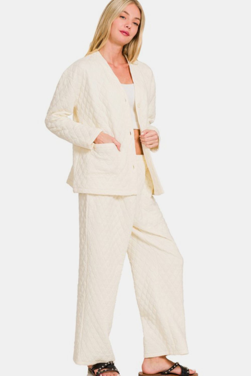Zenana Quilted Button Up Long Sleeve Lounge Set