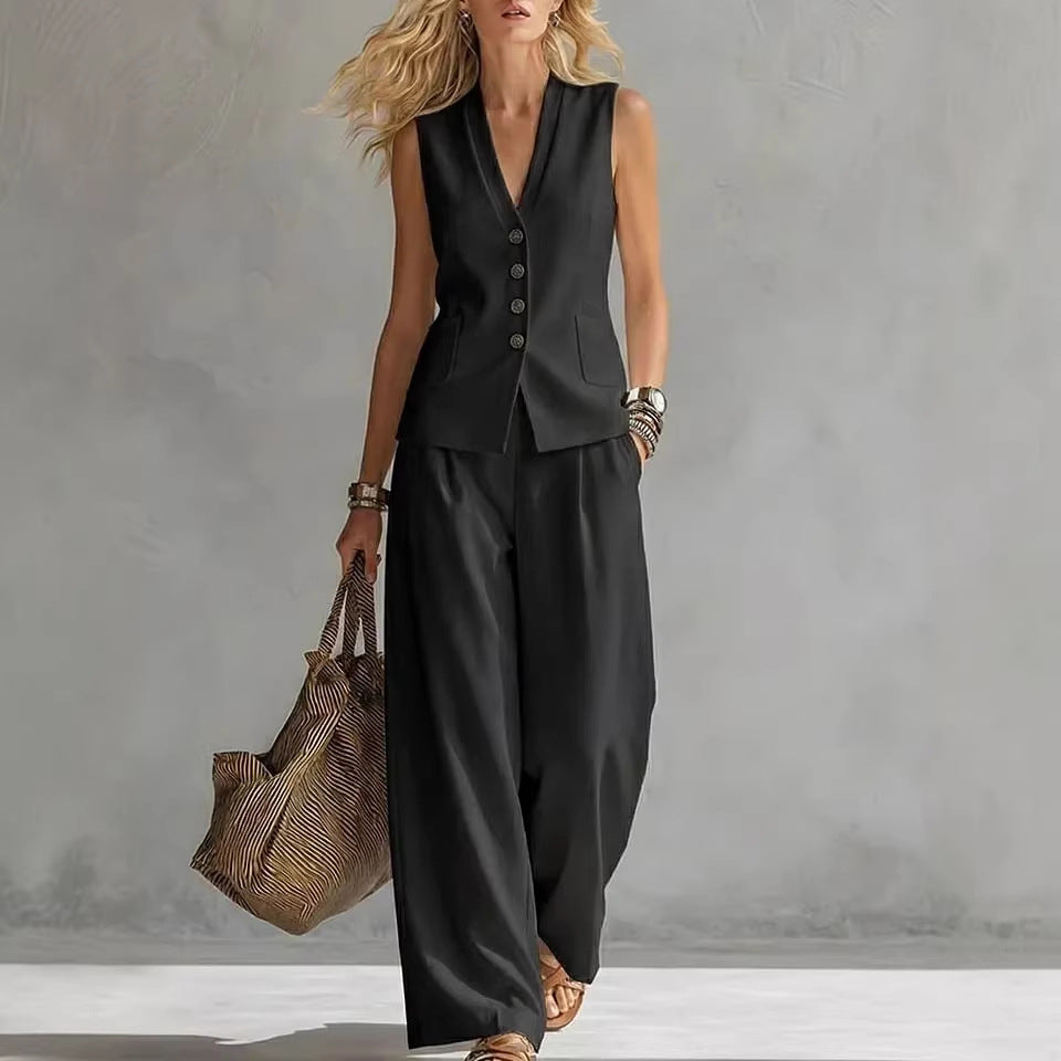 Women's Button-Down Vest and Wide-Leg Pants Two-Piece Set - Image 4