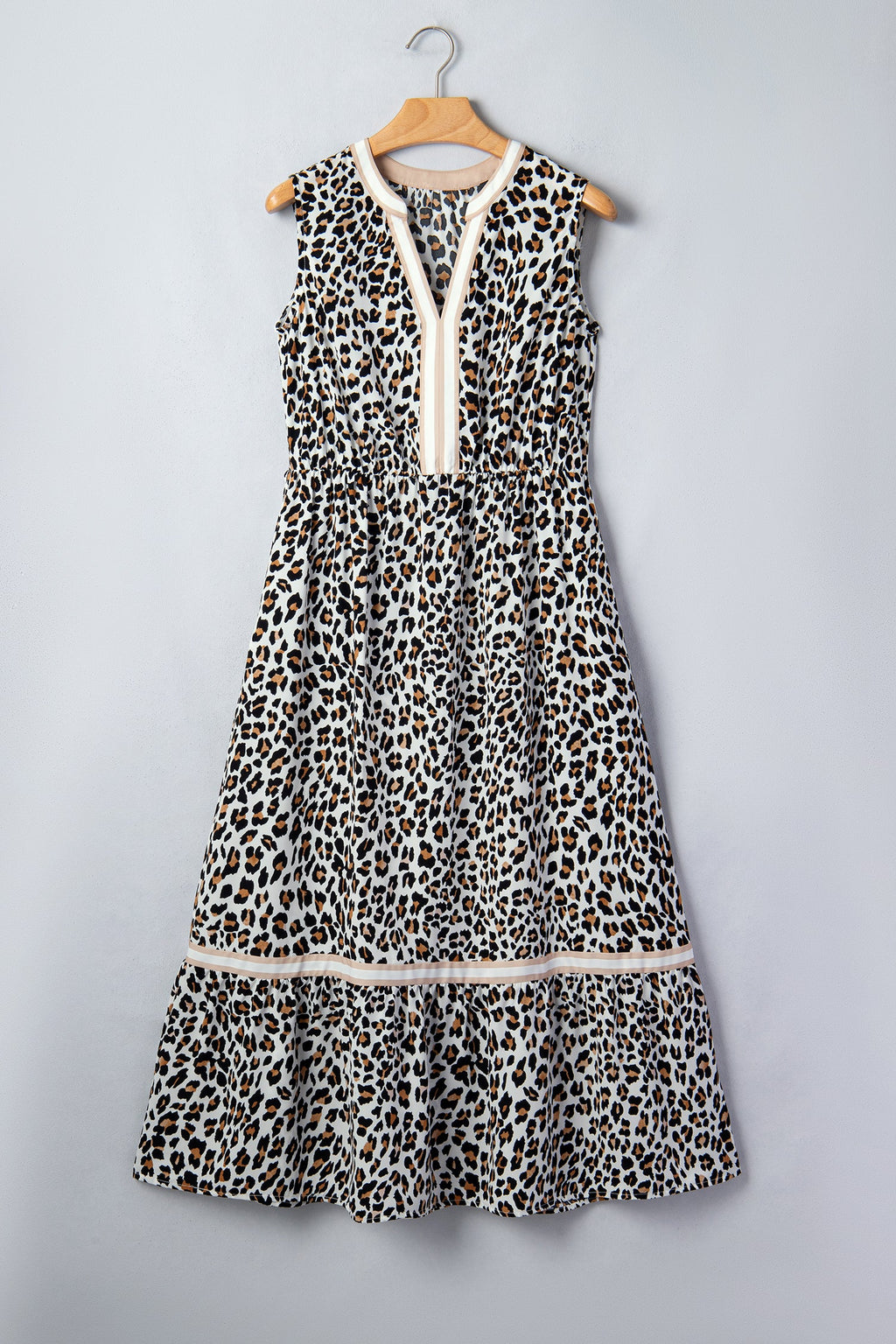 Ayla Trim Sleeveless Midi Dress with Leopard Print in White/Black/Brown