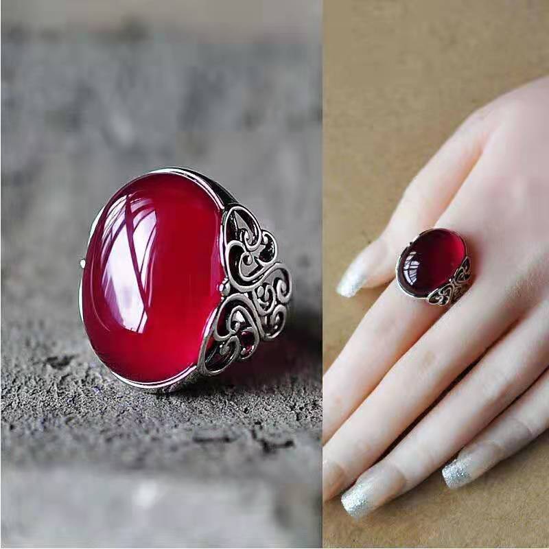 Crown Diamond Ring With Hollow Pattern, Adjustable Ethnic Style Ring, Red Agate Chalcedony, Copper Plated With White Gold, Open Ring For Women