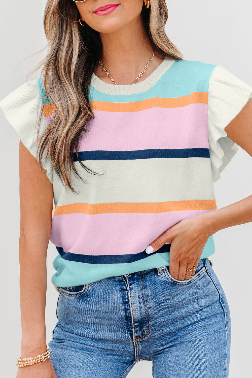 Yasmin Striped Flutter Sleeve Patchwork Knit Top - Image 6
