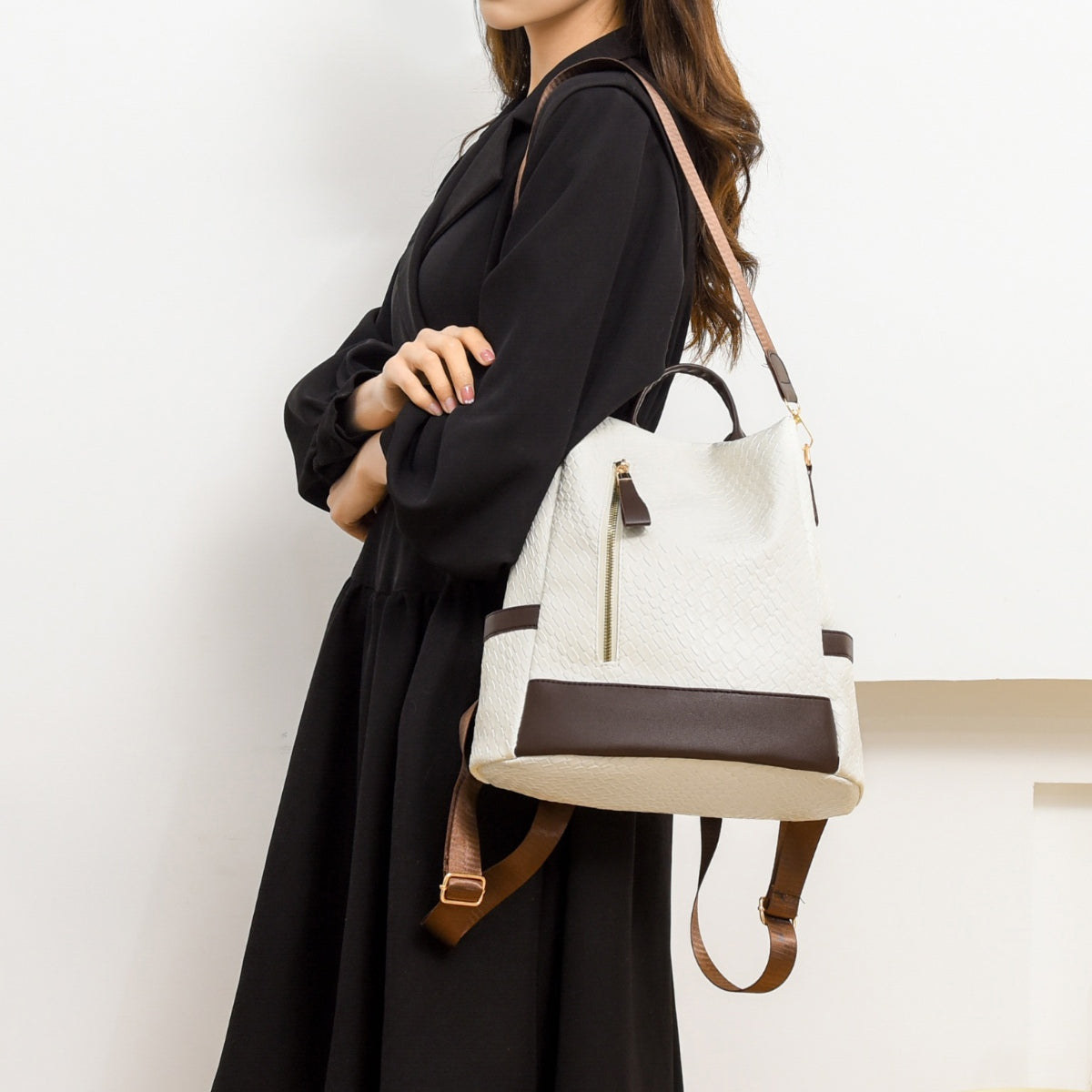 Woven Texture PU Leather Backpack Convertible Shoulder Bag