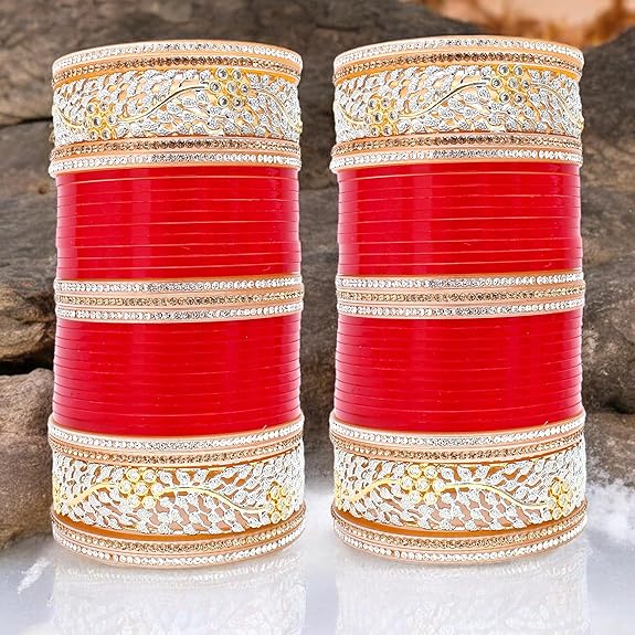 Designer Red AD and Golden Stone Dulhan Bridal Bangle Chuda Set