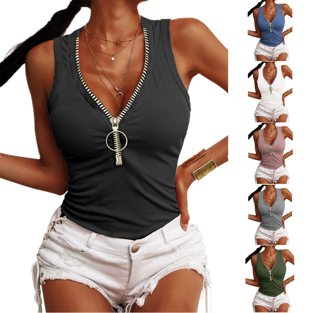 A woman wearing a slim-fit ribbed tank top with a functional front zipper closure, available in multiple colors.