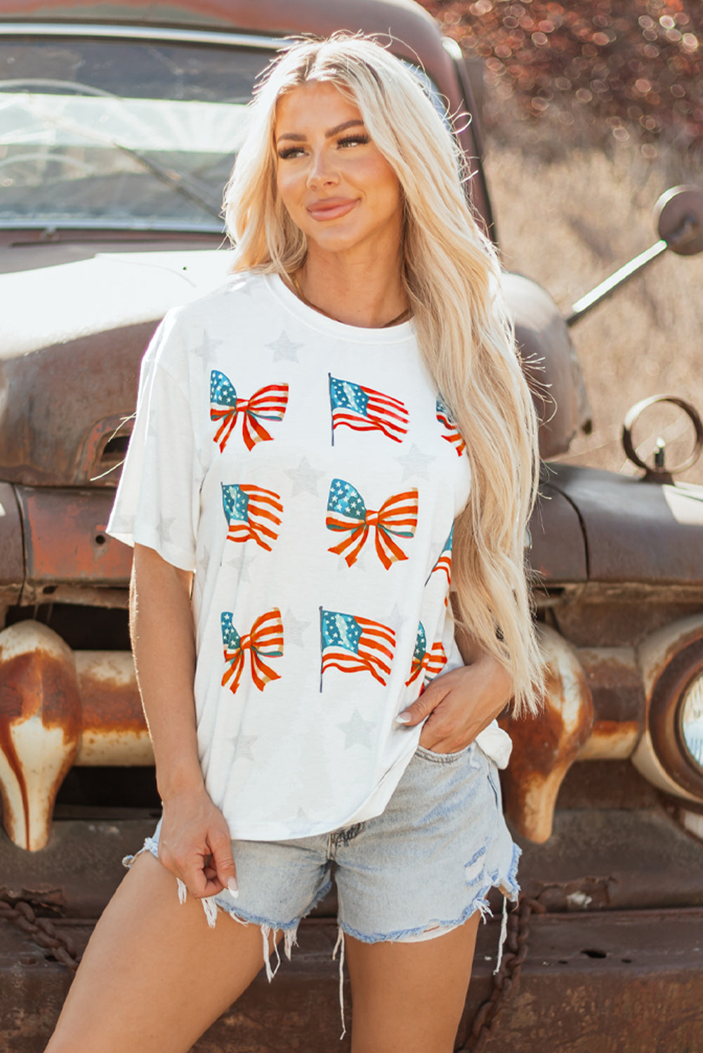 Khaki Patriotic Flag Bow Graphic Starry Round Neck T-Shirt