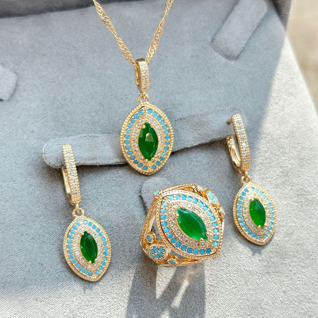 Vintage Botanical Emerald-Zircon Earrings and Ring Jewelry Set