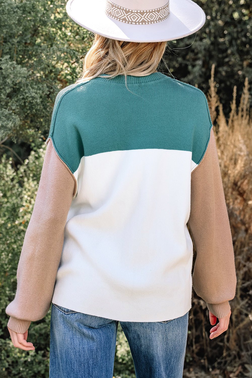 Colorblock Ribbed Knit Long Sleeve Sweater