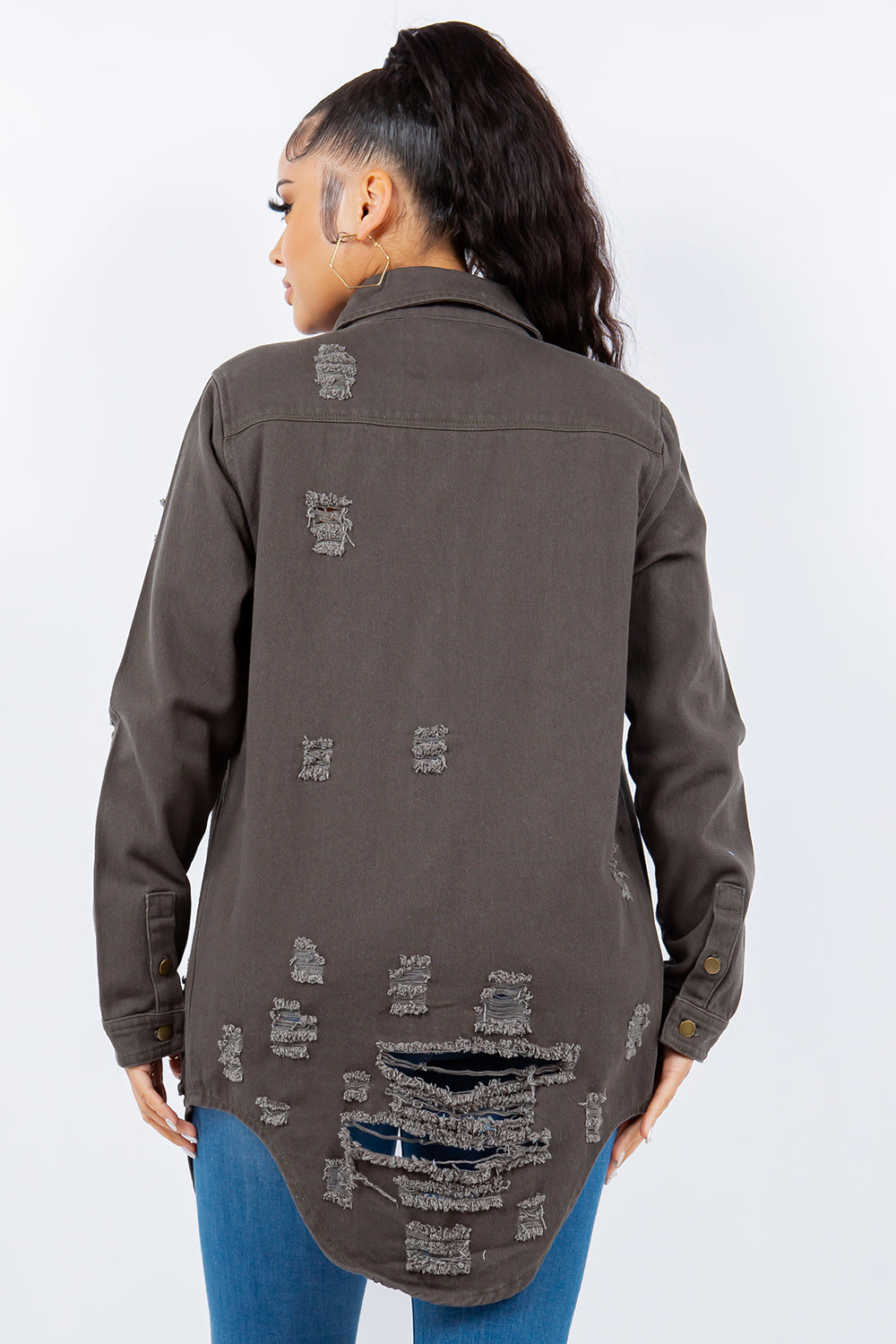 Distressed Button Up Long Sleeve Jacket for Women
