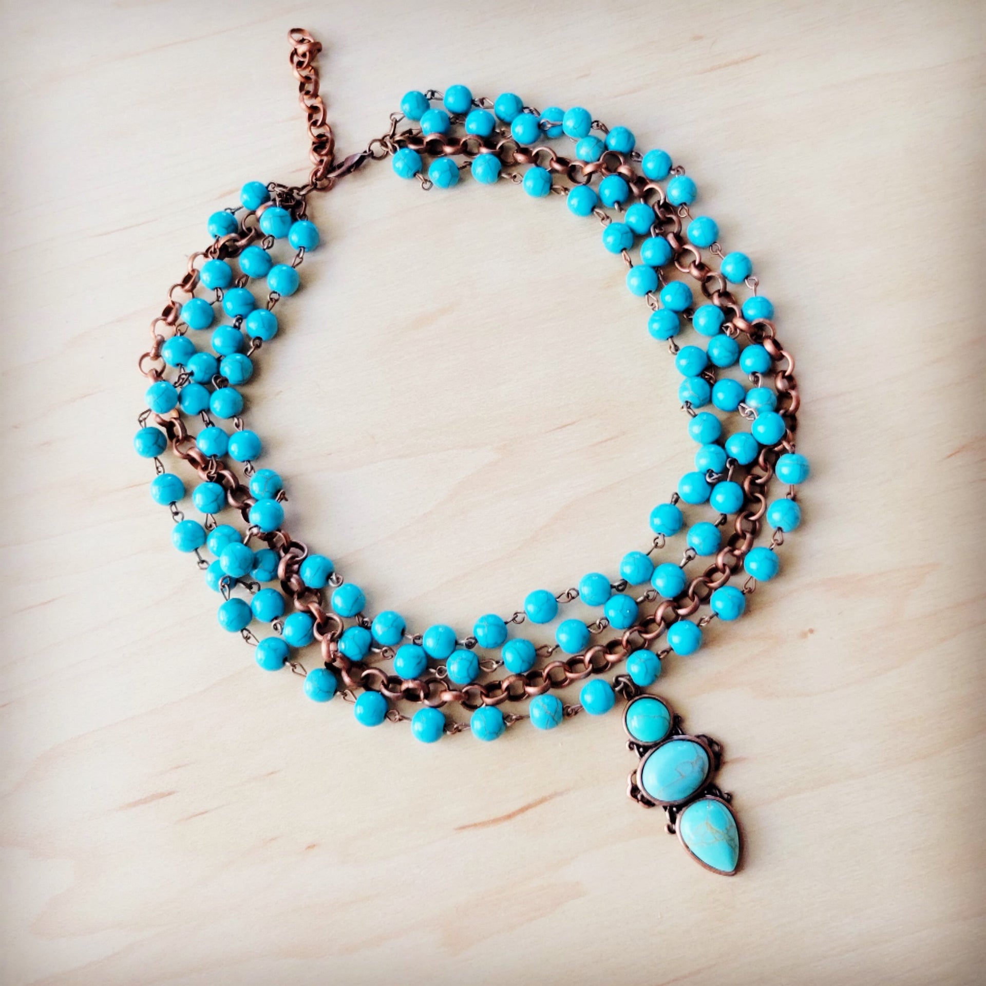 Triple Strand Blue Turquoise Bead Necklace with Copper Pendant - Image 3