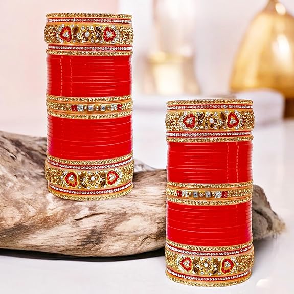 Traditional red and gold bridal bangle set with crystal embellishments for weddings
