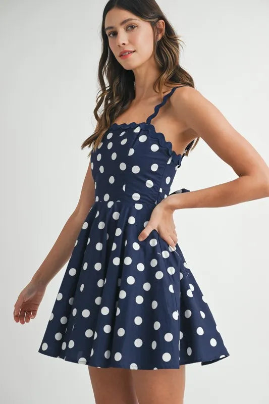 Navy Blue Polka Dot Mini Dress with Ricrac Trim Strap