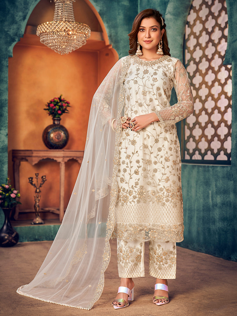White Trendy Designer Net Pakistani Salwar Kameez for Women