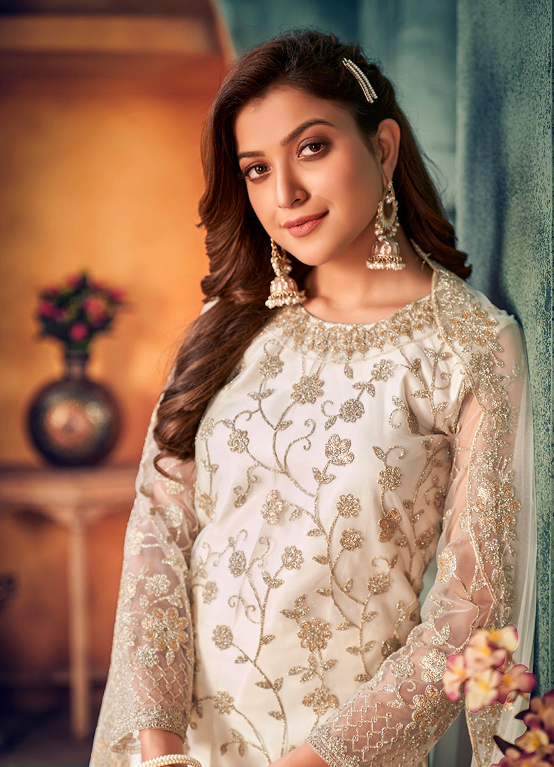 White Trendy Designer Net Pakistani Salwar Kameez for Women