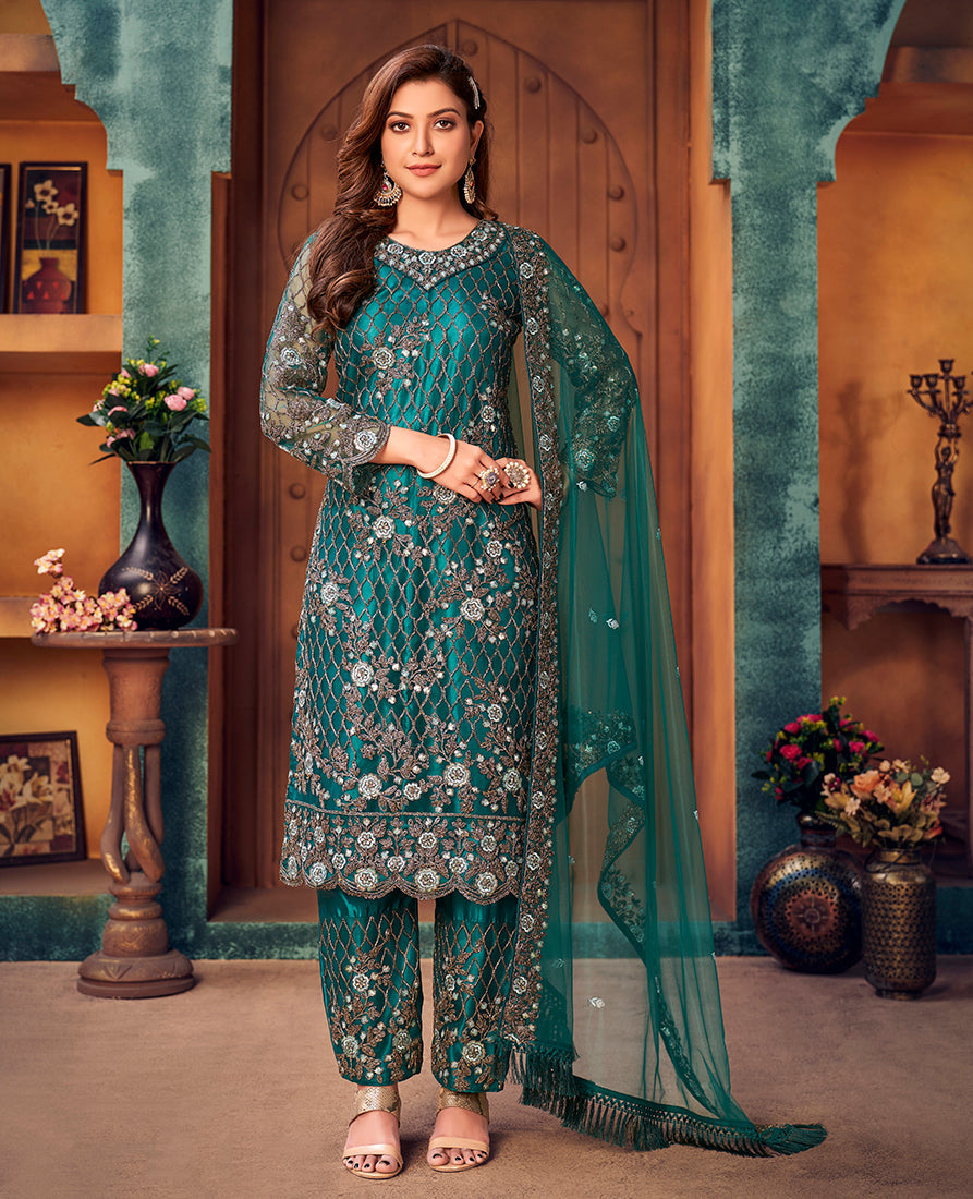 Elegant teal Pakistani salwar kameez in net fabric with intricate embroidery