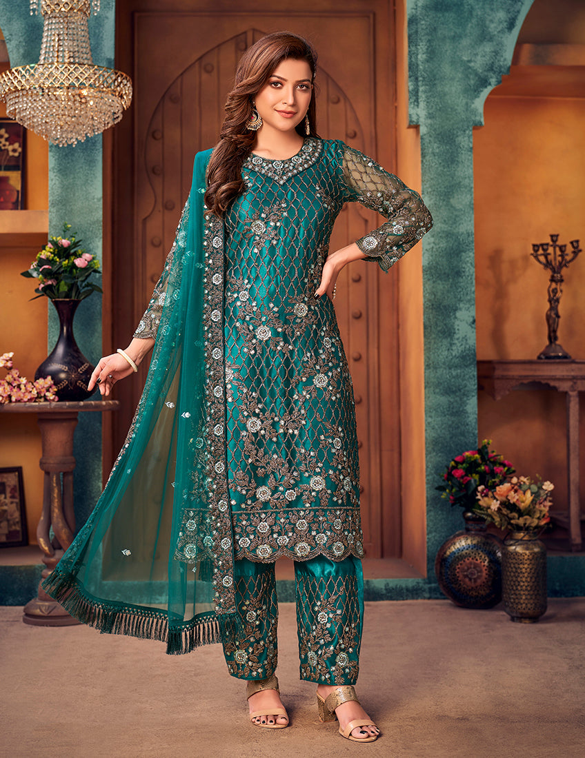 Teal Net Pakistani Salwar Kameez with Trendy Embroidery