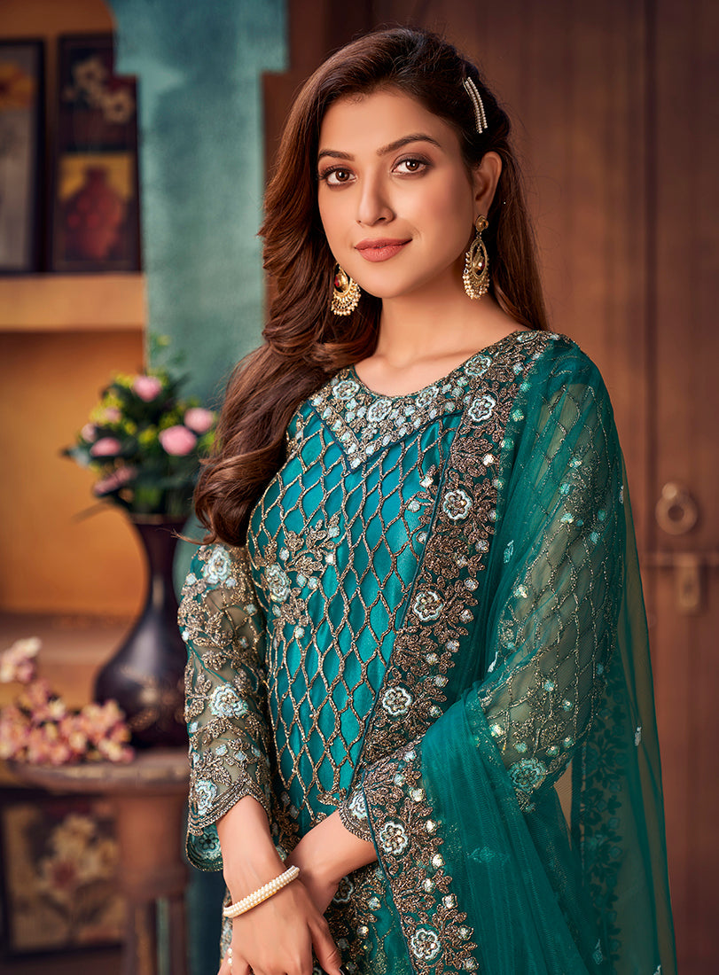 Teal Net Pakistani Salwar Kameez with Trendy Embroidery