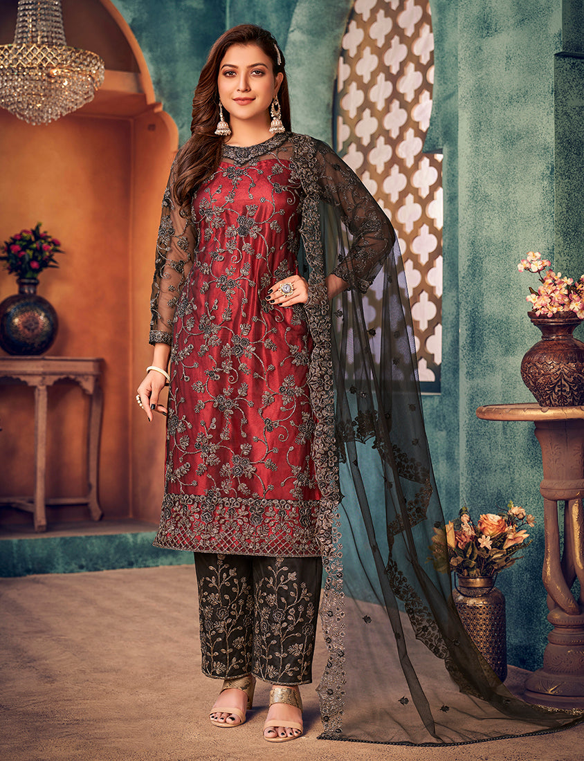 Red and black net Pakistani salwar kameez with designer details
