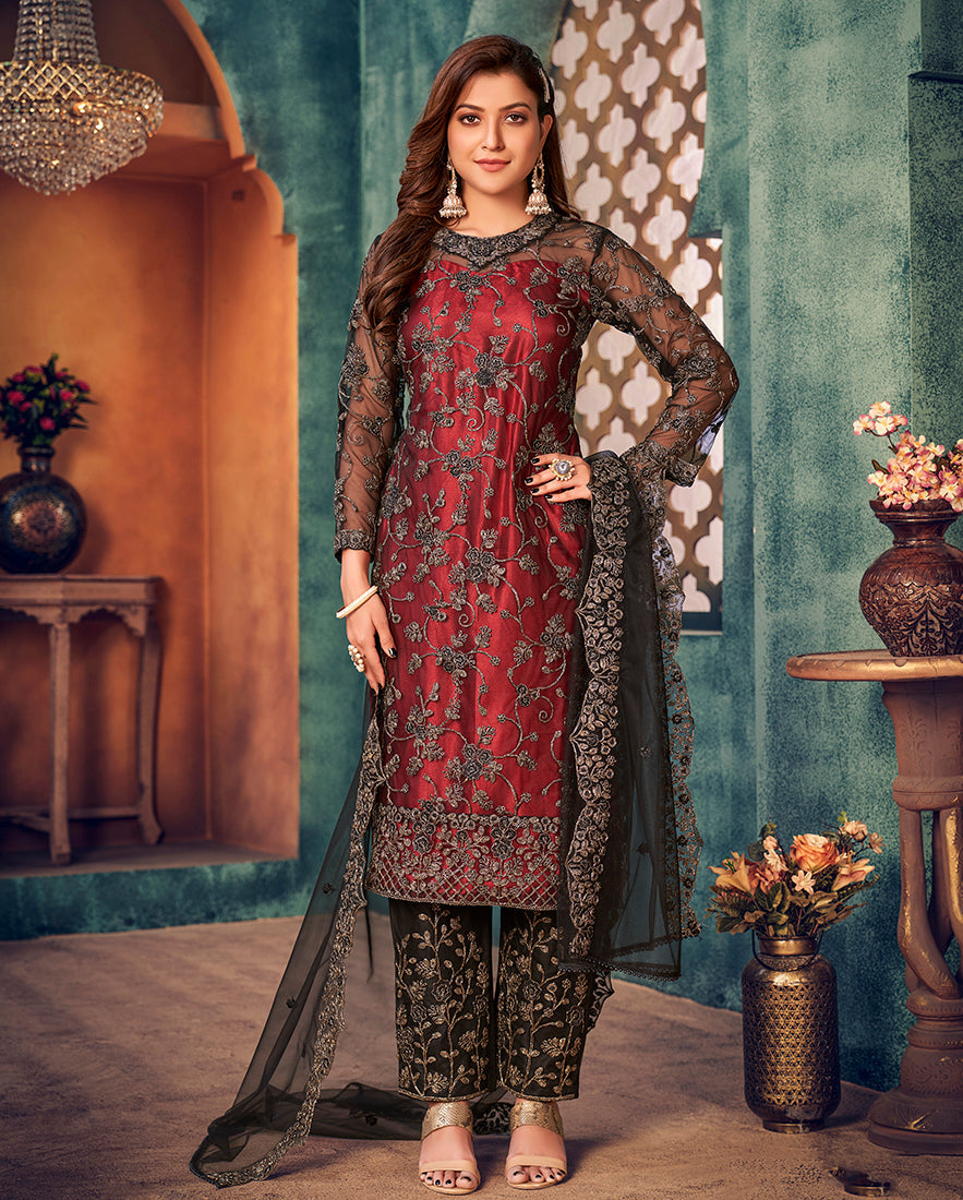 Red Black Trendy Designer Net Pakistani Salwar Kameez